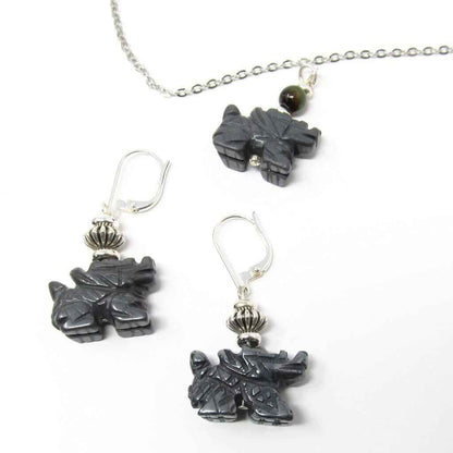 Fantasy Themed Jewelry - Carved Black Hematite Dragon Earrings &amp; Necklace Set, Unique Gamer Gift