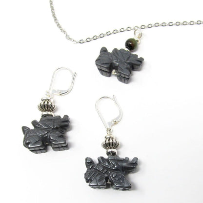Dragon Jewelry - Carved Black Stone Earrings featuring unique dragon design and shimmering black hematite, perfect for fantasy lovers and as a gamer gift.
