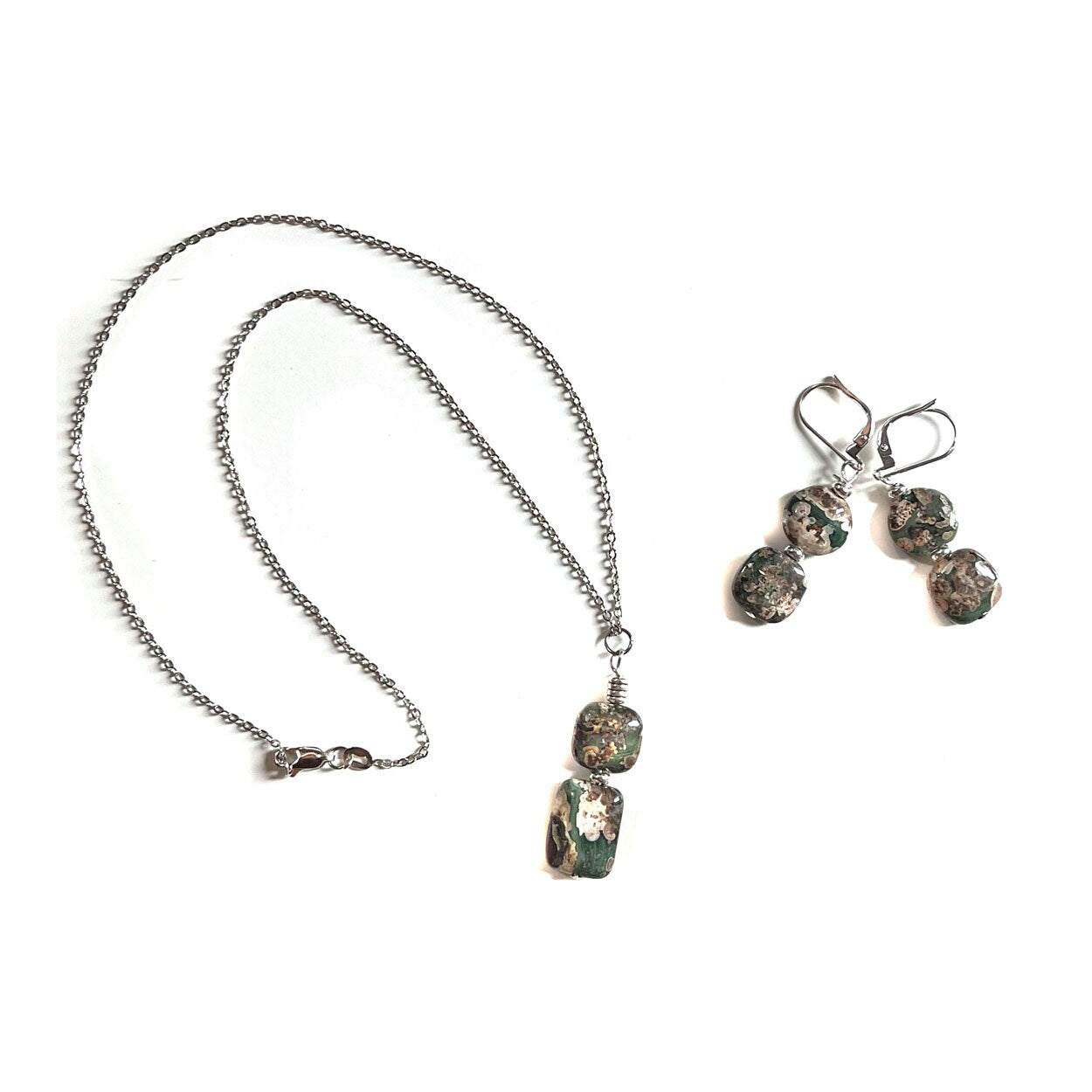 Rainforest Rhyolite Jewelry Set - close-up of the unique stone textures and colors in the necklace and earrings, designed for nature lovers and a one-of-a-kind gift.