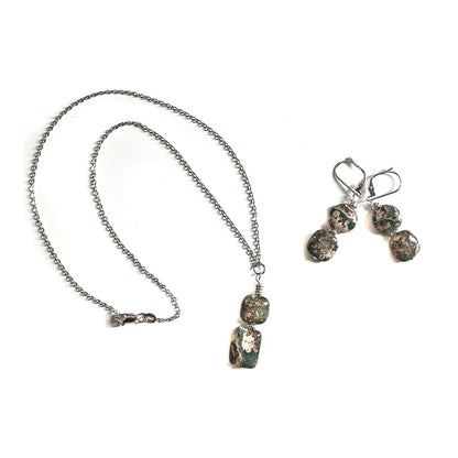 Rainforest Rhyolite Jewelry Set - close-up of the unique stone textures and colors in the necklace and earrings, designed for nature lovers and a one-of-a-kind gift.