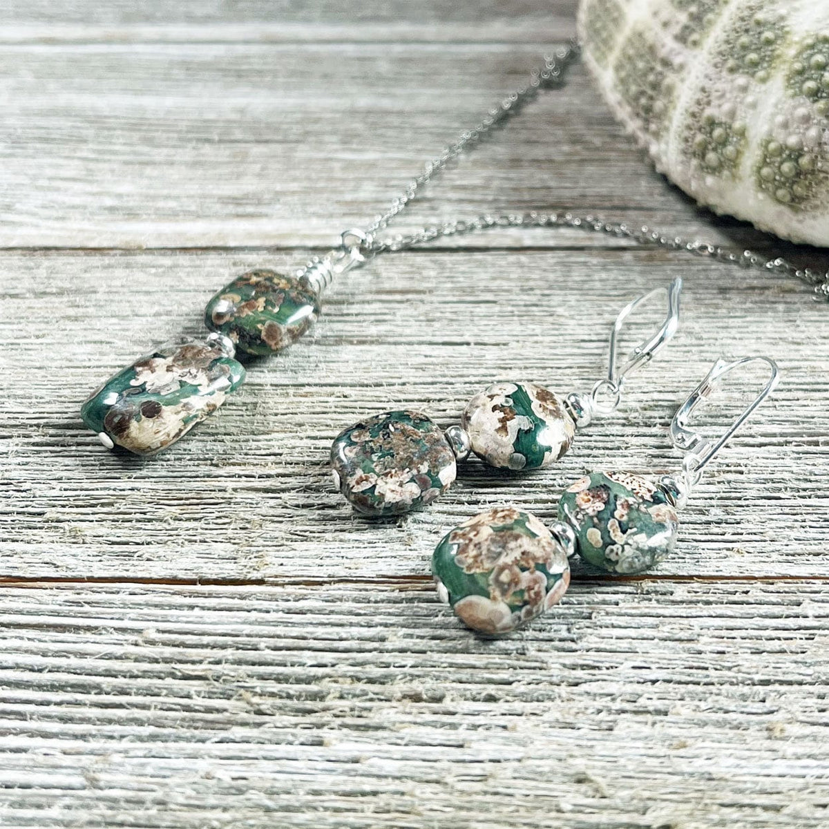 Rainforest Rhyolite Jewelry Set - artisan crafted necklace and dangle earrings showcasing lush green and brown tones, perfect zen style gift for an earth-minded friend.