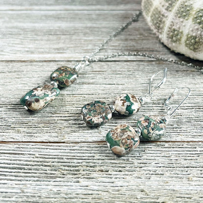 Rainforest Rhyolite Jewelry Set - artisan crafted necklace and dangle earrings showcasing lush green and brown tones, perfect zen style gift for an earth-minded friend.