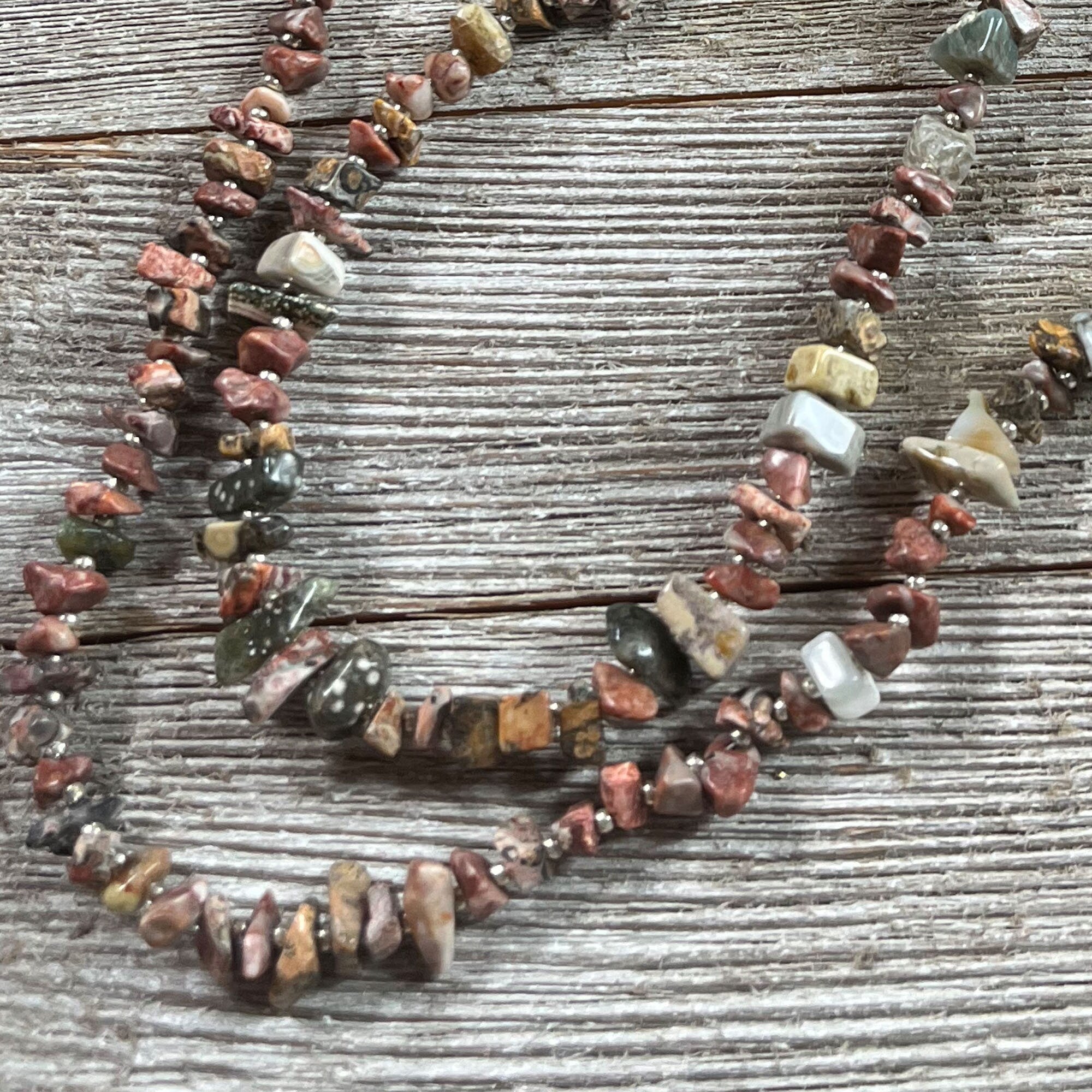 Close-up view of the Double Strand Mixed Jasper Fragment Necklace highlighting the unique gem fragments, designed by Gwynstone, ideal for ocean lovers.