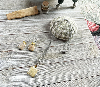 Fossil Coral Jewelry Set with Topaz Topper featuring a 24-inch necklace with strong magnetic clasp and 2-inch fossilized coral pendant, along with matching lever back sterling silver earrings.