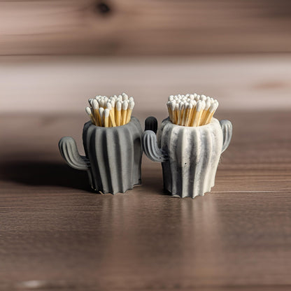 Concrete Cactus Match Holder with Bottom Striker Pad, Saguaro Match Cloche, Hand-poured Cement Pot, Desert Decor Matchstick Storage