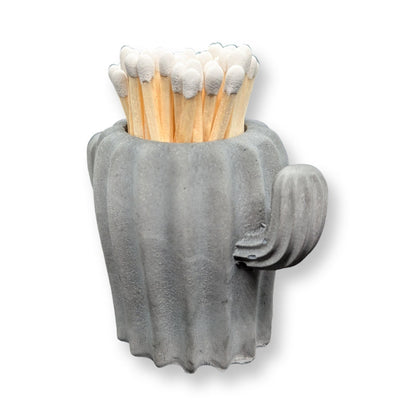 Concrete Cactus Match Holder with Bottom Striker Pad, Saguaro Match Cloche, Hand-poured Cement Pot, Desert Decor Matchstick Storage