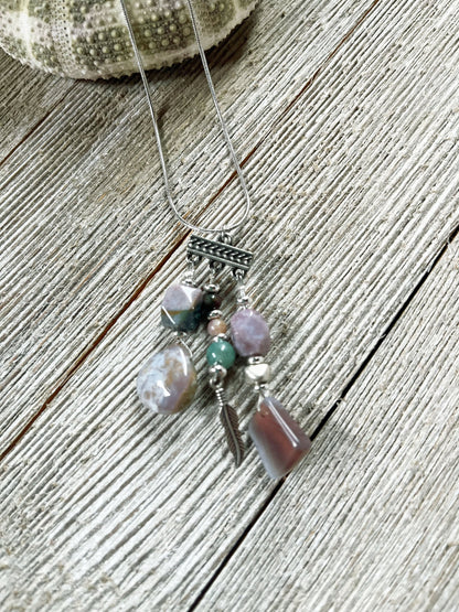 Fancy Jasper Triple Charm Pendant Necklace featuring a feather symbol, artisan made zen style jewelry with minimalist design.