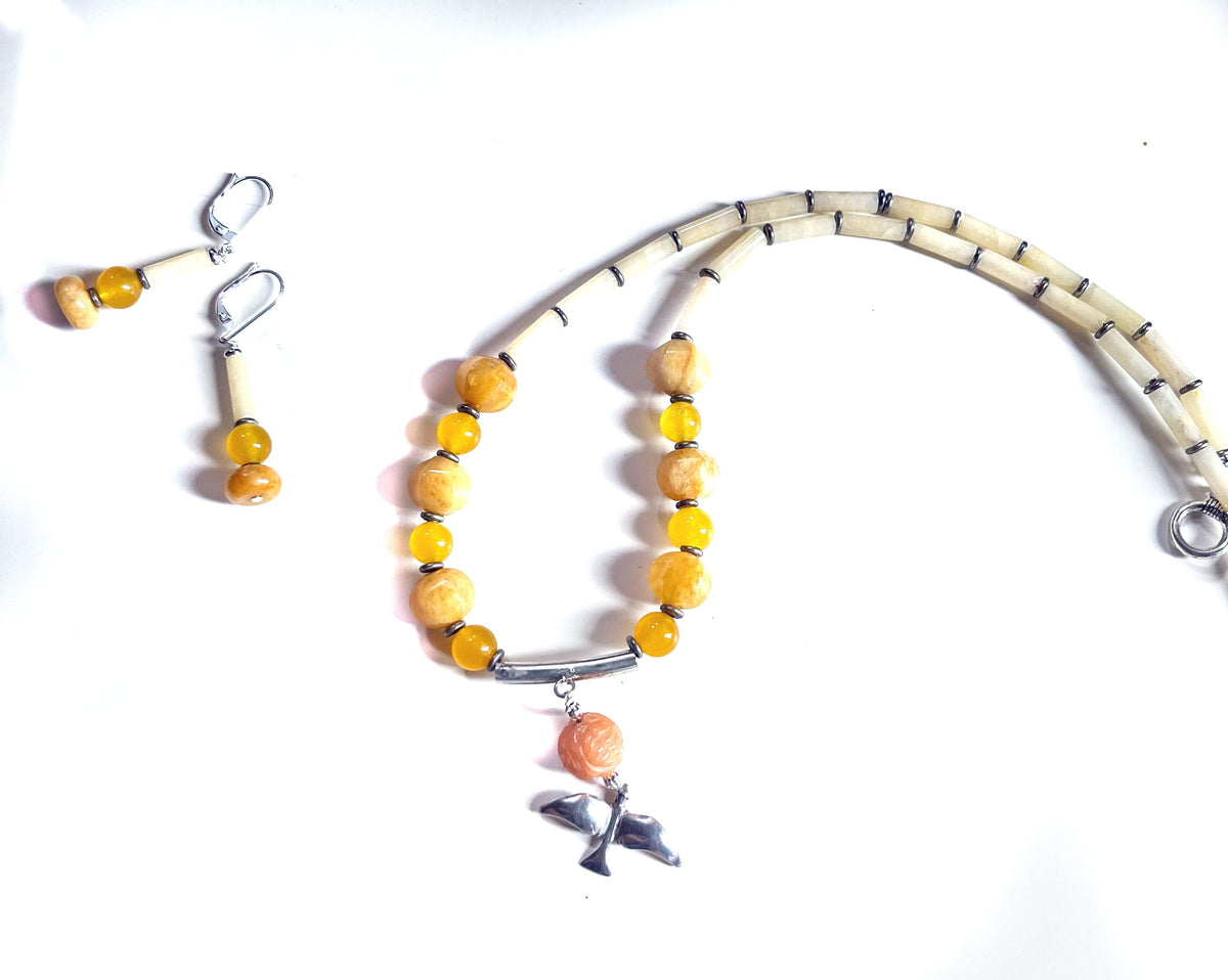 Silver Bird in Flight Necklace and Earring Set featuring sunset colored stones including orange aventurine and quartz, artisan designed gift.