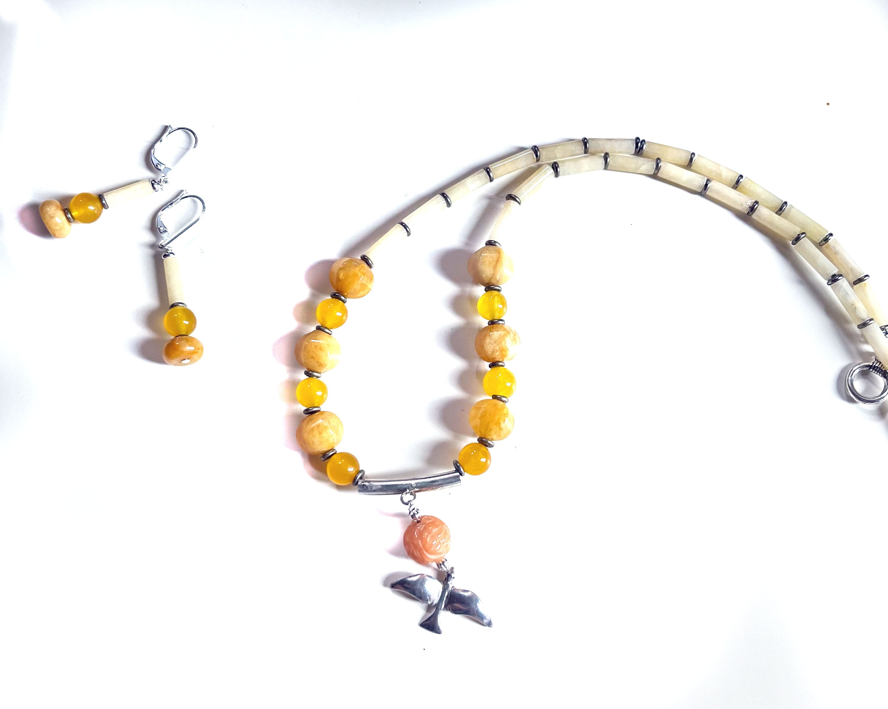 Silver Bird in Flight Necklace and Earring Set featuring sunset colored stones including orange aventurine and quartz, artisan designed gift.