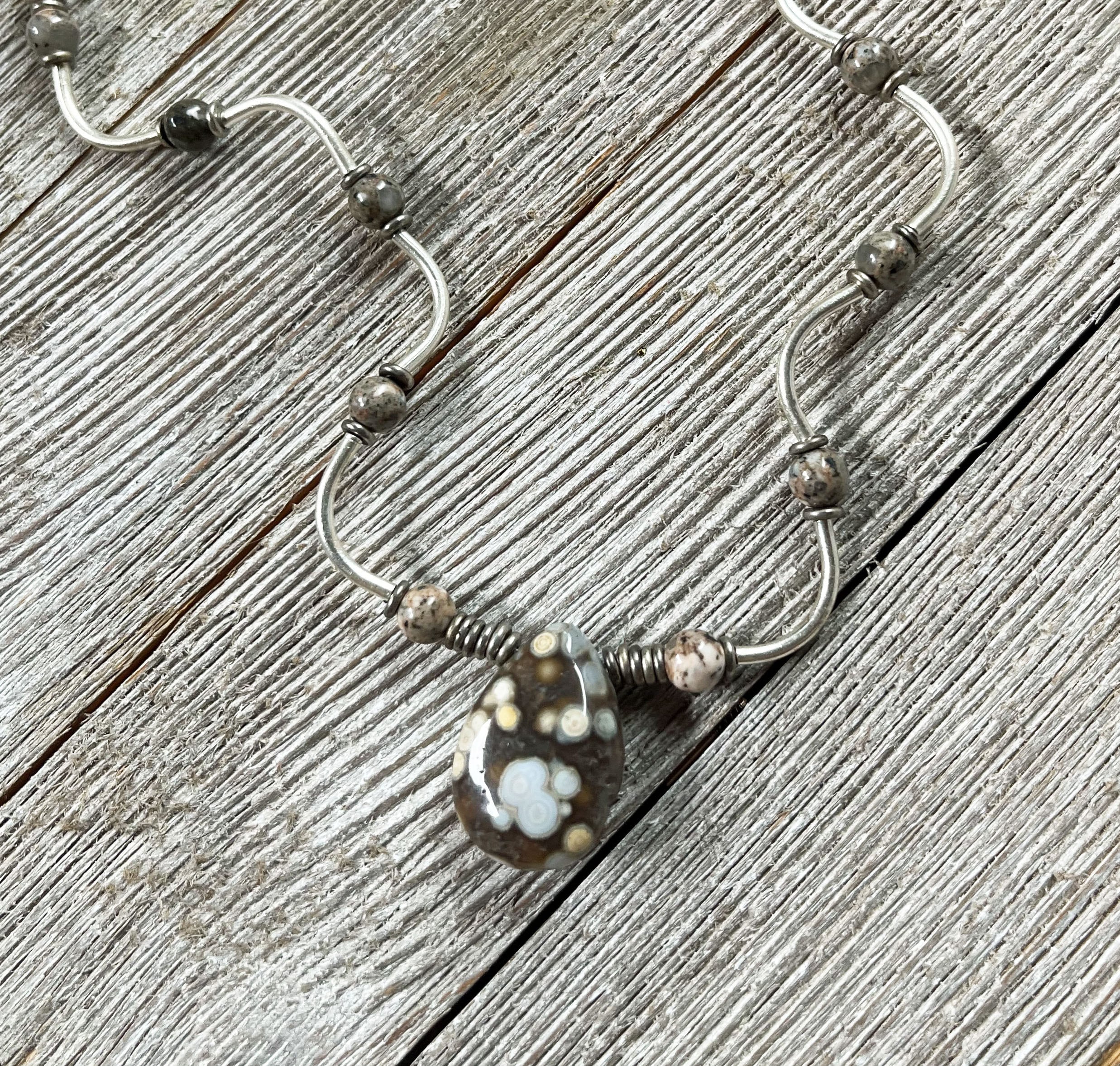 Ocean Jasper Tear Drop and Wavy Sterling Silver Jewelry Set featuring a stunning tear drop pendant and intricate wave patterns, ideal gift for self or nature lovers.