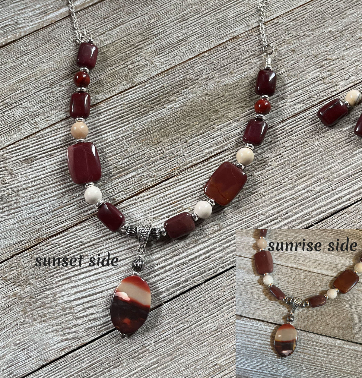 Mookaite Jasper Necklace &amp; Sterling Silver Earrings Set: Handcrafted nature jewelry with a gemstone pendant shown on wood. Inset images reveal unique sunrise and sunset sides of the pendant, featuring distinct reddish and cream patterns.