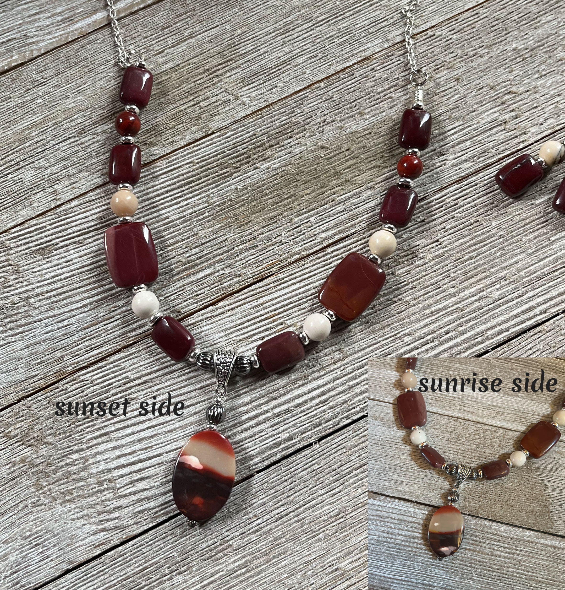 Mookaite Jasper Necklace &amp; Sterling Silver Earrings Set: Handcrafted nature jewelry with a gemstone pendant shown on wood. Inset images reveal unique sunrise and sunset sides of the pendant, featuring distinct reddish and cream patterns.