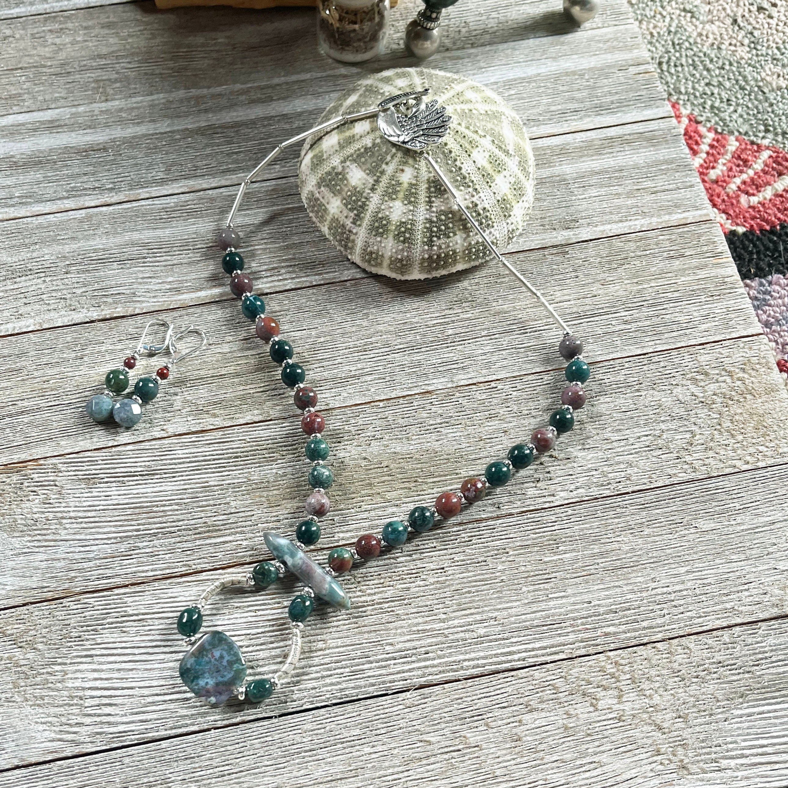 Fancy Peacock Jewelry Set featuring Fancy Jasper stones and Sterling Silver, artisan designed necklace and earrings with peacock toggle closure.