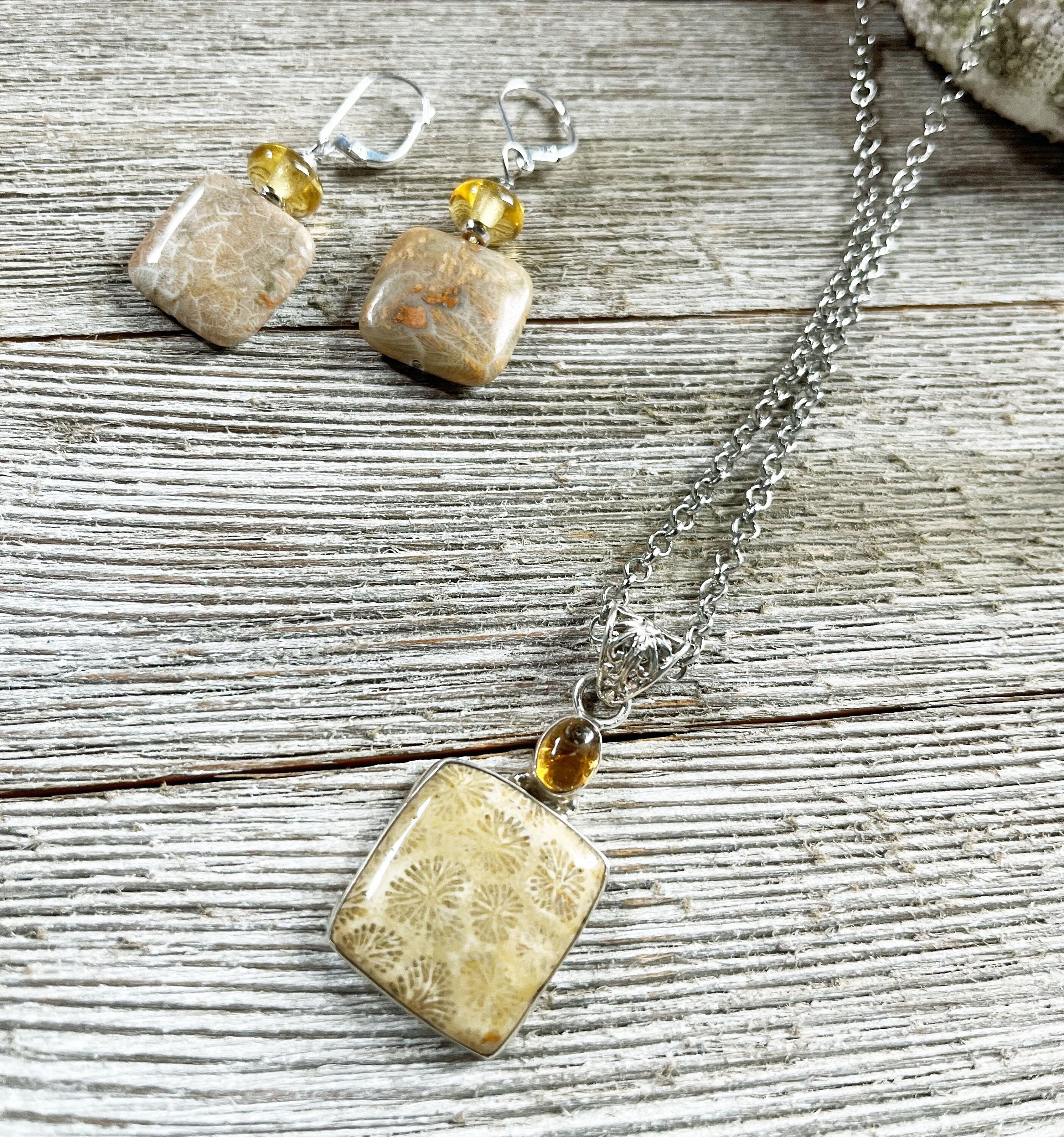 Fossil Coral Jewelry Set with Topaz Topper featuring a 24-inch necklace with a pendant and matching earrings, perfect gift for teamwork support.