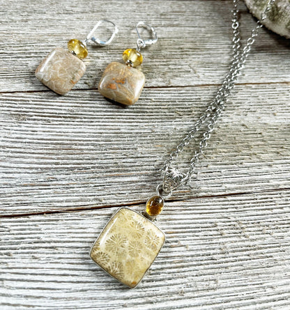 Fossil Coral Jewelry Set with Topaz Topper featuring a 24-inch necklace with a pendant and matching earrings, perfect gift for teamwork support.