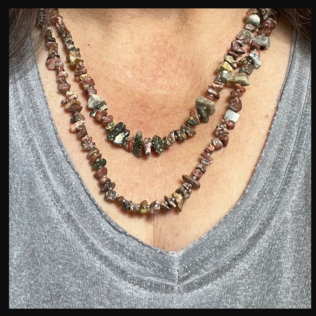 Elegant earrings from the Double Strand Mixed Jasper Fragment Jewelry Set by Gwynstone, featuring natural stones and a coastal theme.