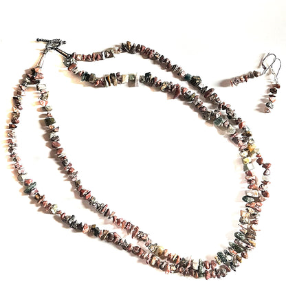 Elegant Double Strand Mixed Jasper Fragment Necklace and Earrings Jewelry Set, inspired by rainy coastal landscapes, showcasing earthy tones and textures, handcrafted by Gwynstone, a unique gift for nature lovers.