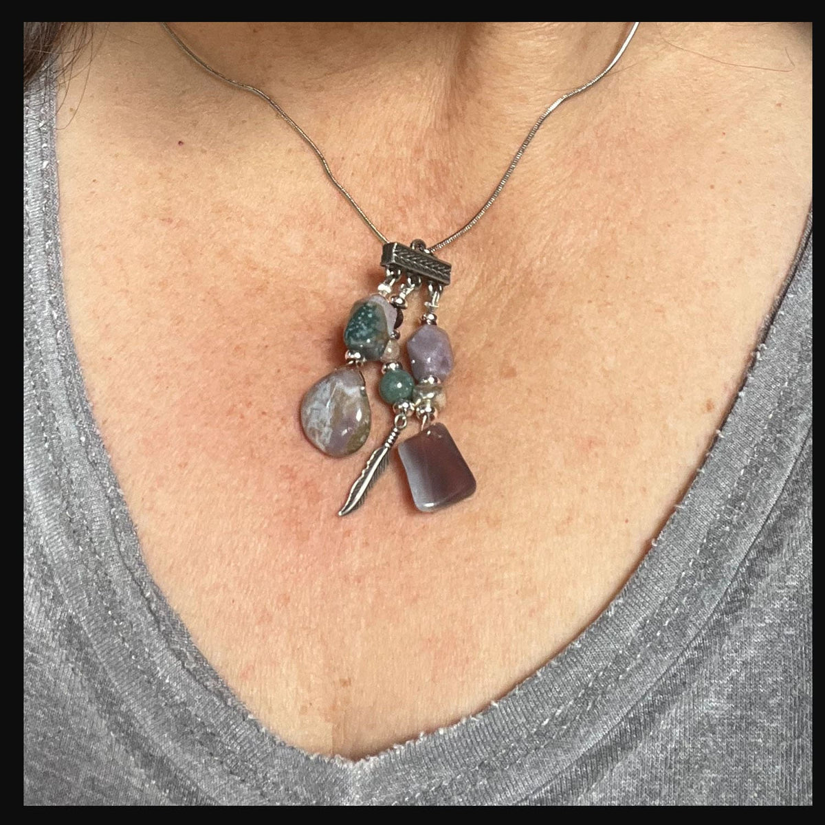 Artisan made Zen style necklace showcasing Fancy Jasper stones and triple charm design, great gift for friends and nature lovers.