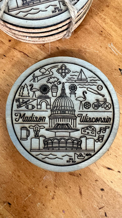 Madison Wisconsin Line Icons Coaster