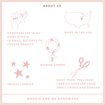 May include: A pink and white graphic with the text &amp;quot;ABOUT US&amp;quot; and illustrations of a hand sewing, a map of the USA, a female symbol, scissors, and stars. Text includes &amp;quot;HANDCRAFTED IN MY HOME STUDIO&amp;quot;, &amp;quot;MADE IN THE USA&amp;quot;, &amp;quot;UNIQUE FABRICS&amp;quot;, and &amp;quot;WOMAN OWNED&amp;quot;.