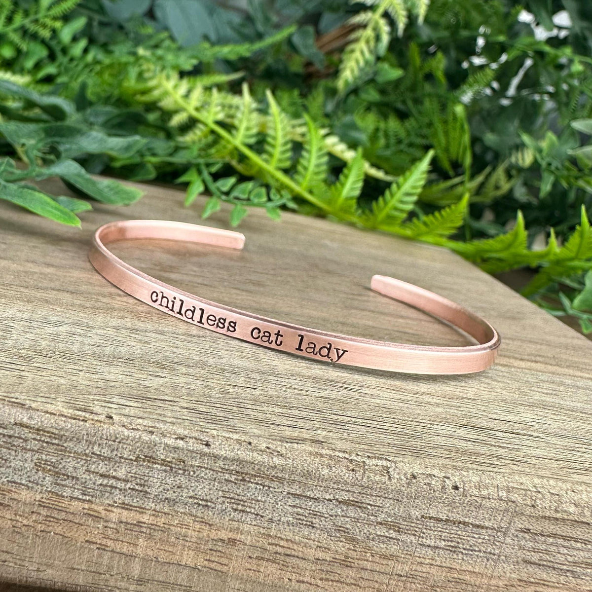 Hand Stamped Cuff Bracelet: Childless Cat Lady, Stacking Jewelry