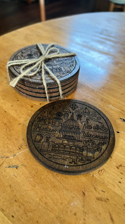 Madison Wisconsin Line Icons Coaster