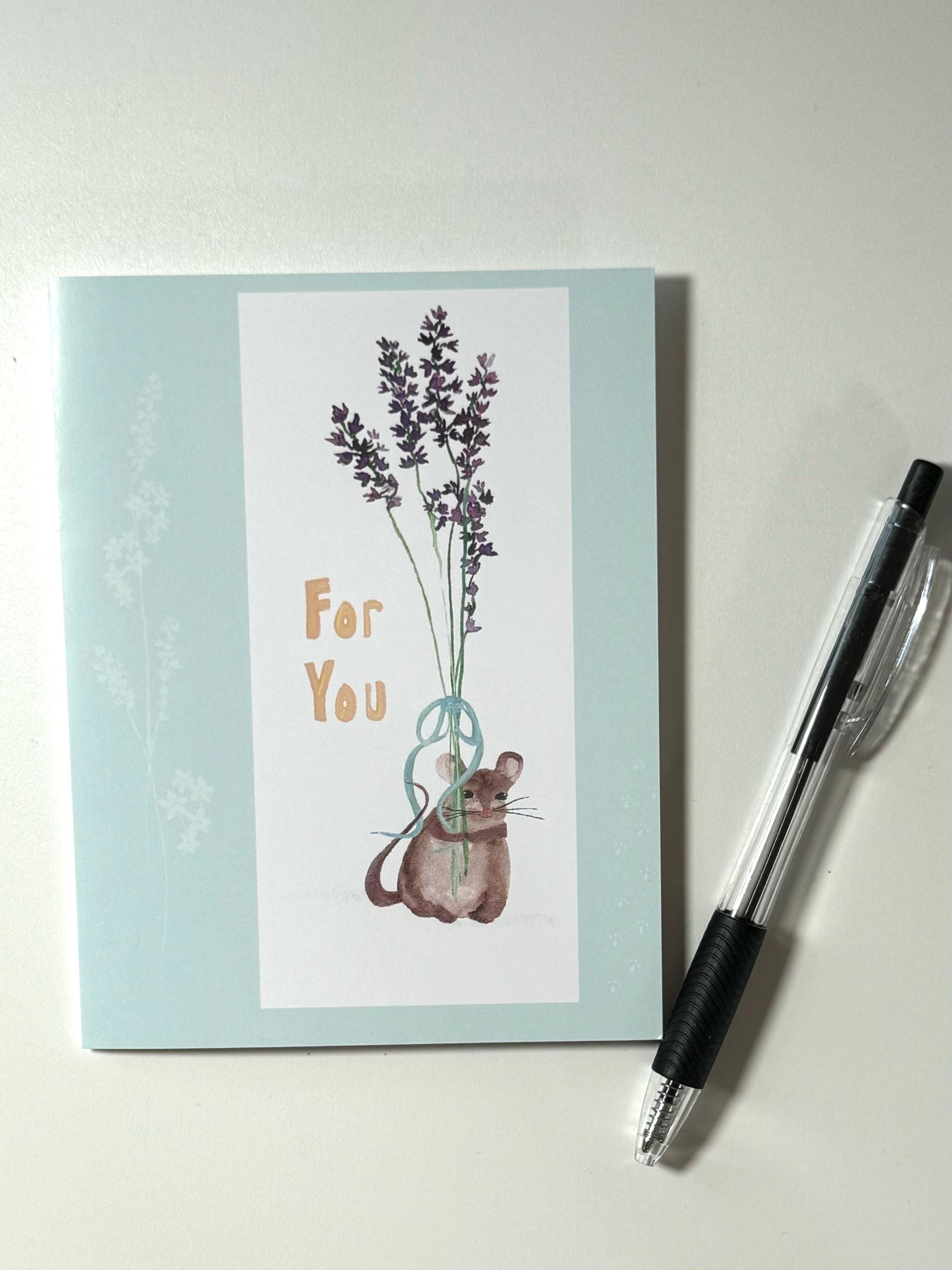 Watercolor Mouse Greeting Card: Floral Bouquet, Friendship Gift