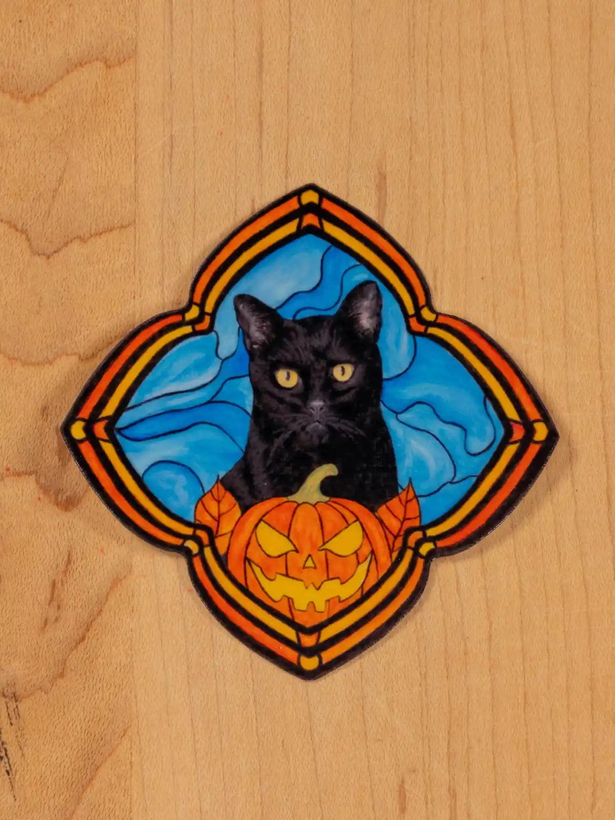 Stained Glass Black Cat Halloween Sticker or Magnet