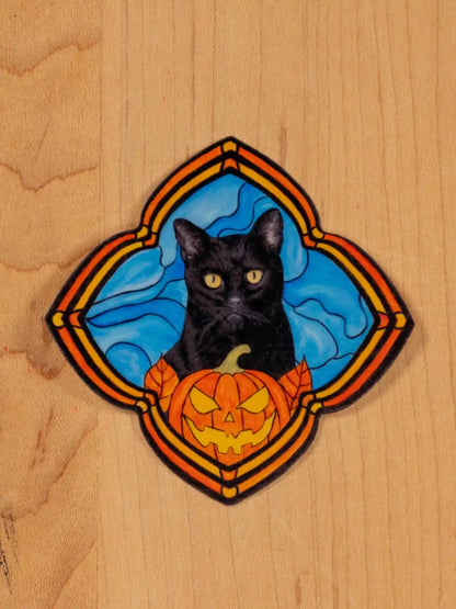 Stained Glass Black Cat Halloween Sticker or Magnet