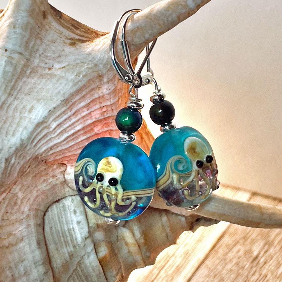 Beautiful Octopus Earrings, cephalopod jewelry gift featuring handcrafted blue art glass with detailed design and googly eyes, perfect gift for sea life lovers.