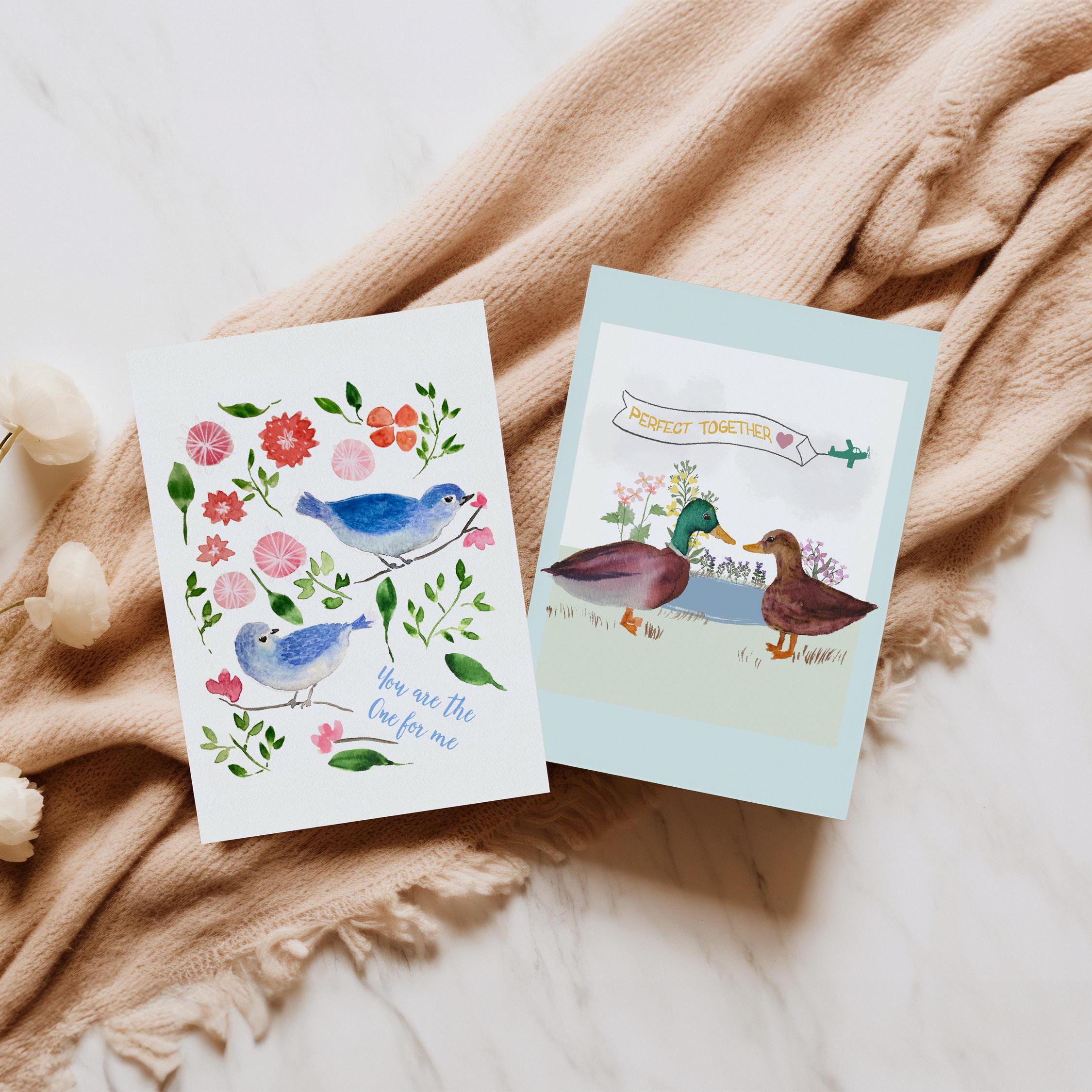 Blue Birds Watercolor Greeting Card: Romantic Sweetheart Gift