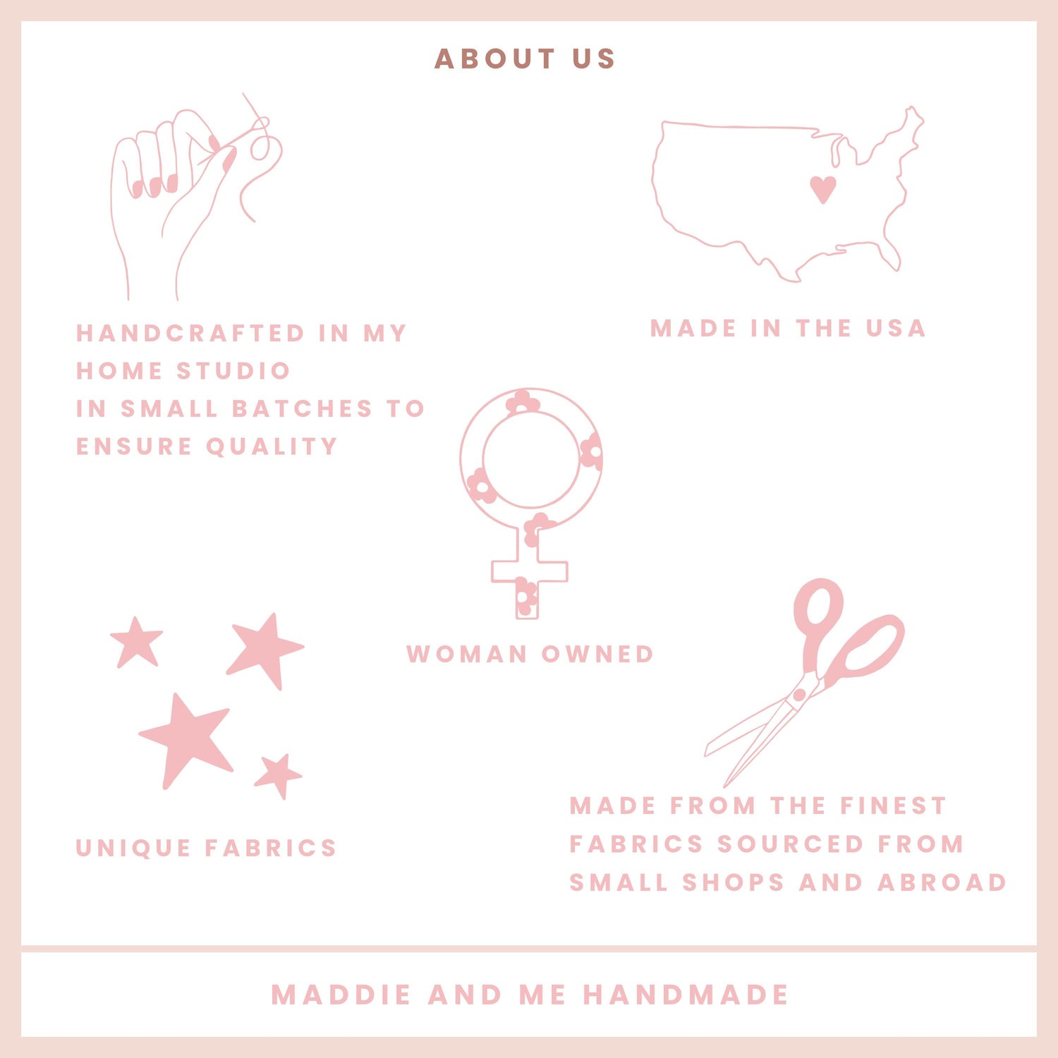 May include: A pink and white graphic with the text &amp;quot;ABOUT US&amp;quot; and illustrations of a hand sewing, a map of the USA, a female symbol, scissors, and stars. Text includes &amp;quot;HANDCRAFTED IN MY HOME STUDIO&amp;quot;, &amp;quot;MADE IN THE USA&amp;quot;, &amp;quot;UNIQUE FABRICS&amp;quot;, and &amp;quot;WOMAN OWNED&amp;quot;.