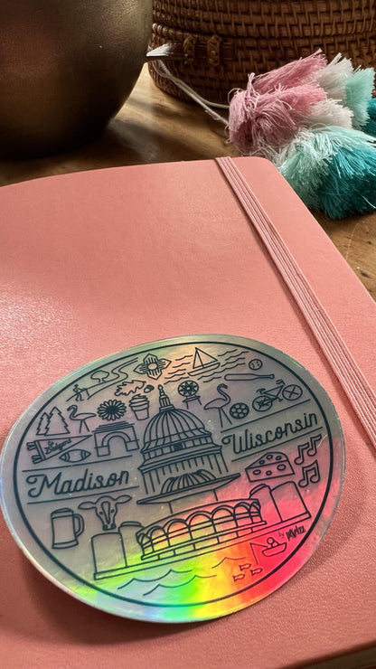 Madison Wisconsin Holographic Sticker | Rainbow Iridescent City Art | WI Isthmus Skyline Decal