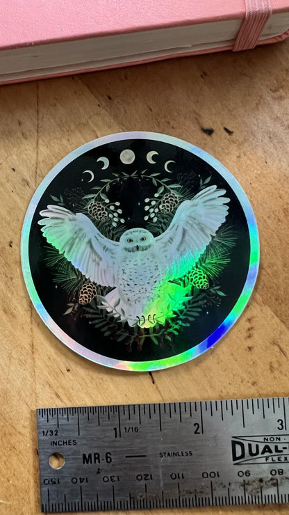 Holographic Snowy Owl Moon Phase Sticker | Celestial Lunar Cycle Art (3&amp;quot; Die-Cut)