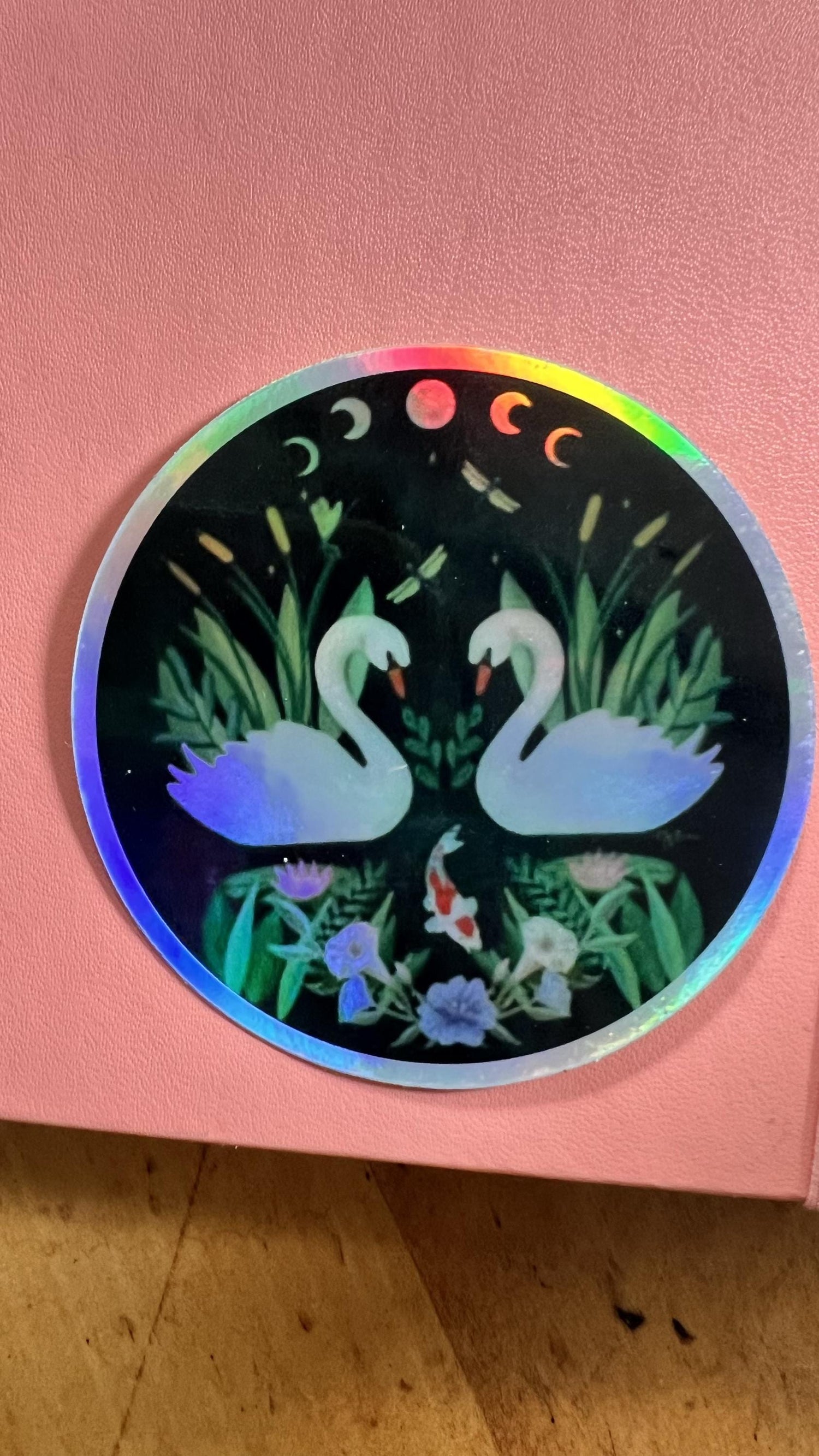 Holographic Swan Moon Phase Sticker | Celestial Water Birds Vinyl Decal