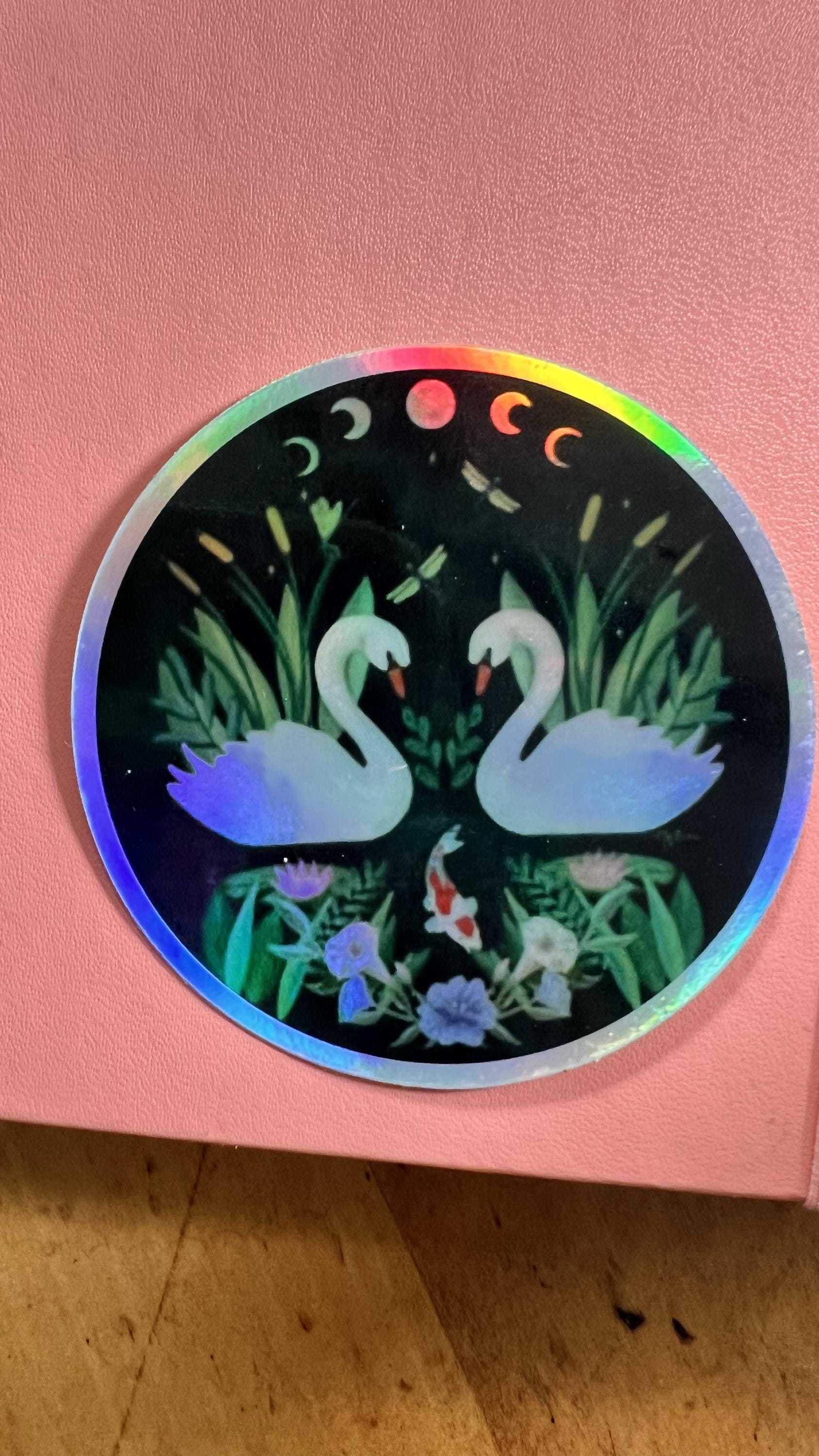 Holographic Swan Moon Phase Sticker | Celestial Water Birds Vinyl Decal