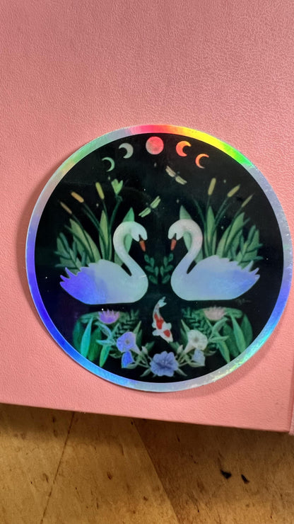 Holographic Swan Moon Phase Sticker | Celestial Water Birds Vinyl Decal