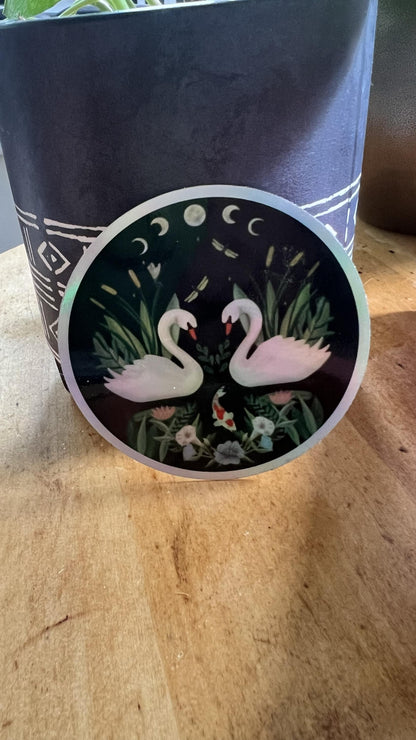 Holographic Swan Moon Phase Sticker | Celestial Water Birds Vinyl Decal