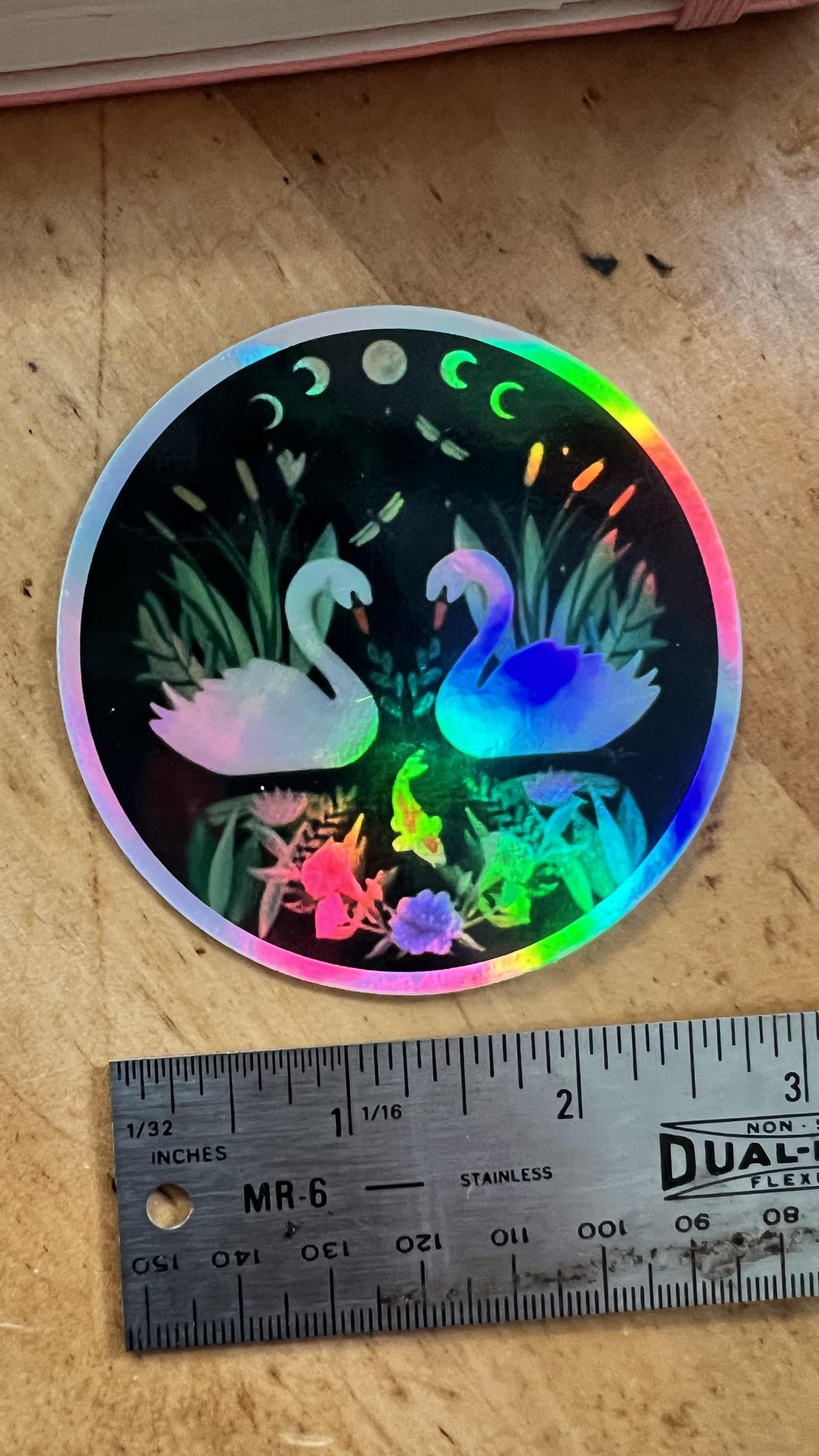 Holographic Swan Moon Phase Sticker | Celestial Water Birds Vinyl Decal