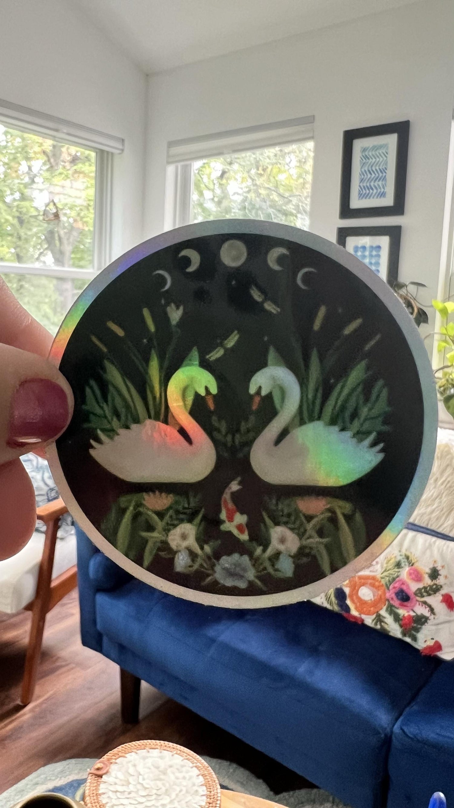 Holographic Swan Moon Phase Sticker | Celestial Water Birds Vinyl Decal
