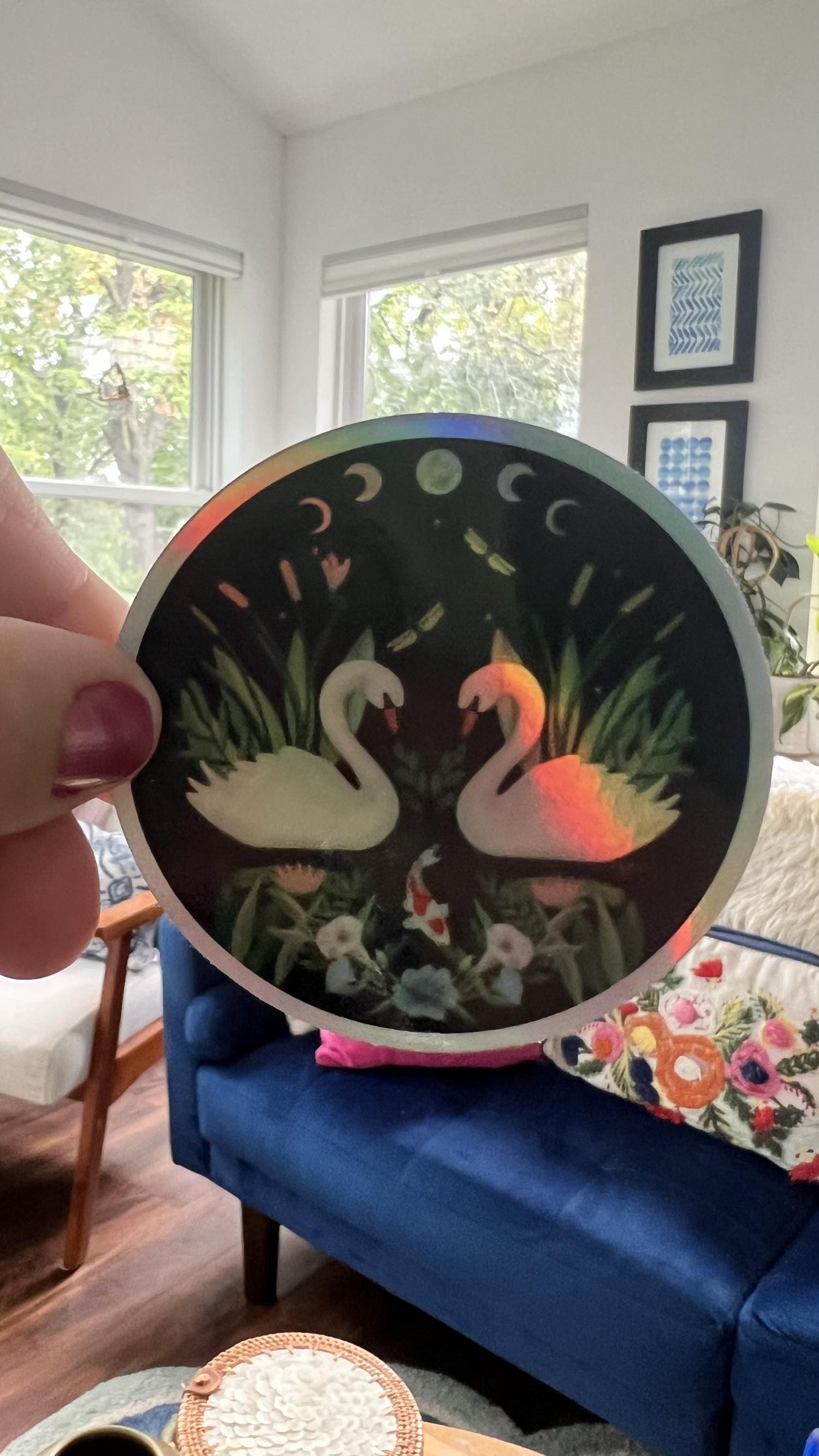Holographic Swan Moon Phase Sticker | Celestial Water Birds Vinyl Decal