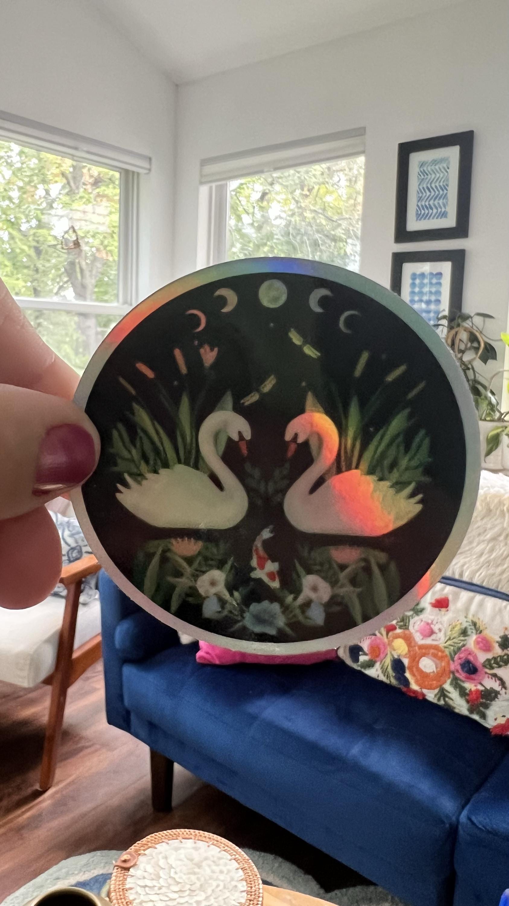 Holographic Swan Moon Phase Sticker | Celestial Water Birds Vinyl Decal