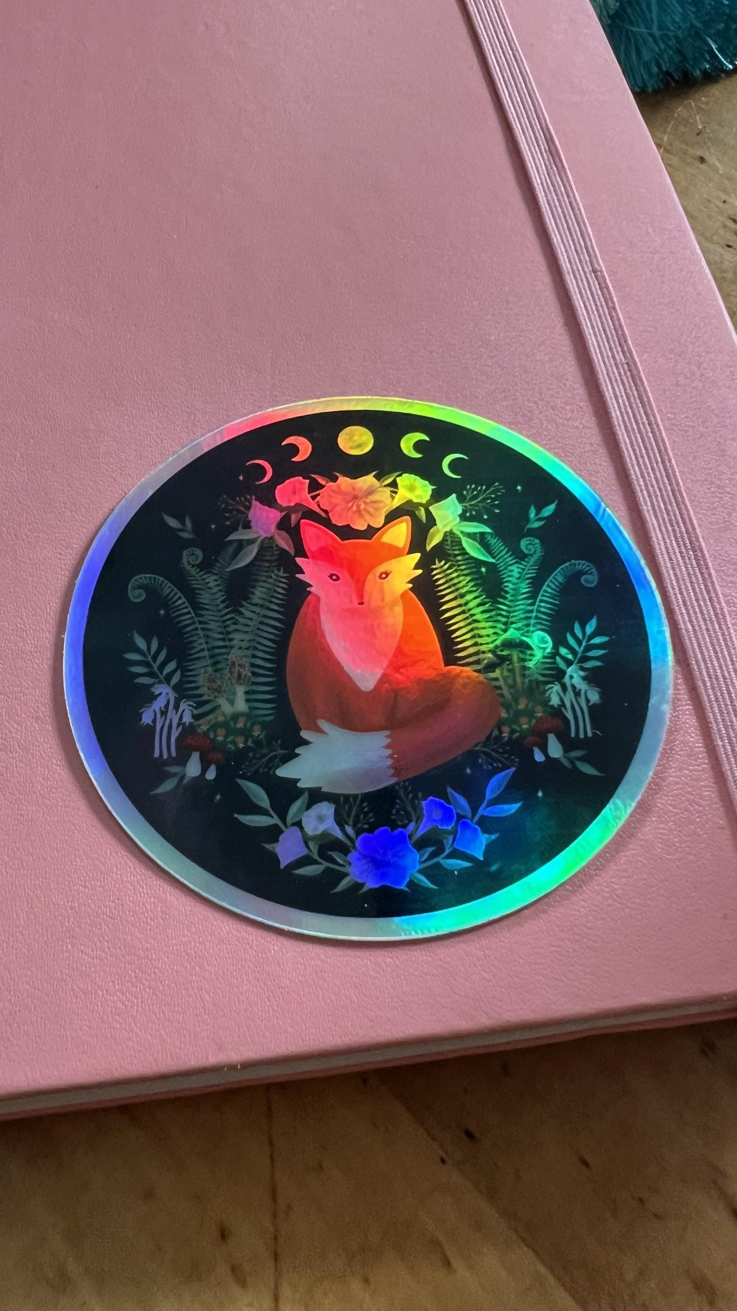 Woodland Fox Holographic Sticker | Moon Phases, Mystical Forest Art, Celestial Nature Lover