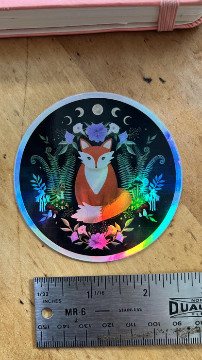 Woodland Fox Holographic Sticker | Moon Phases, Mystical Forest Art, Celestial Nature Lover