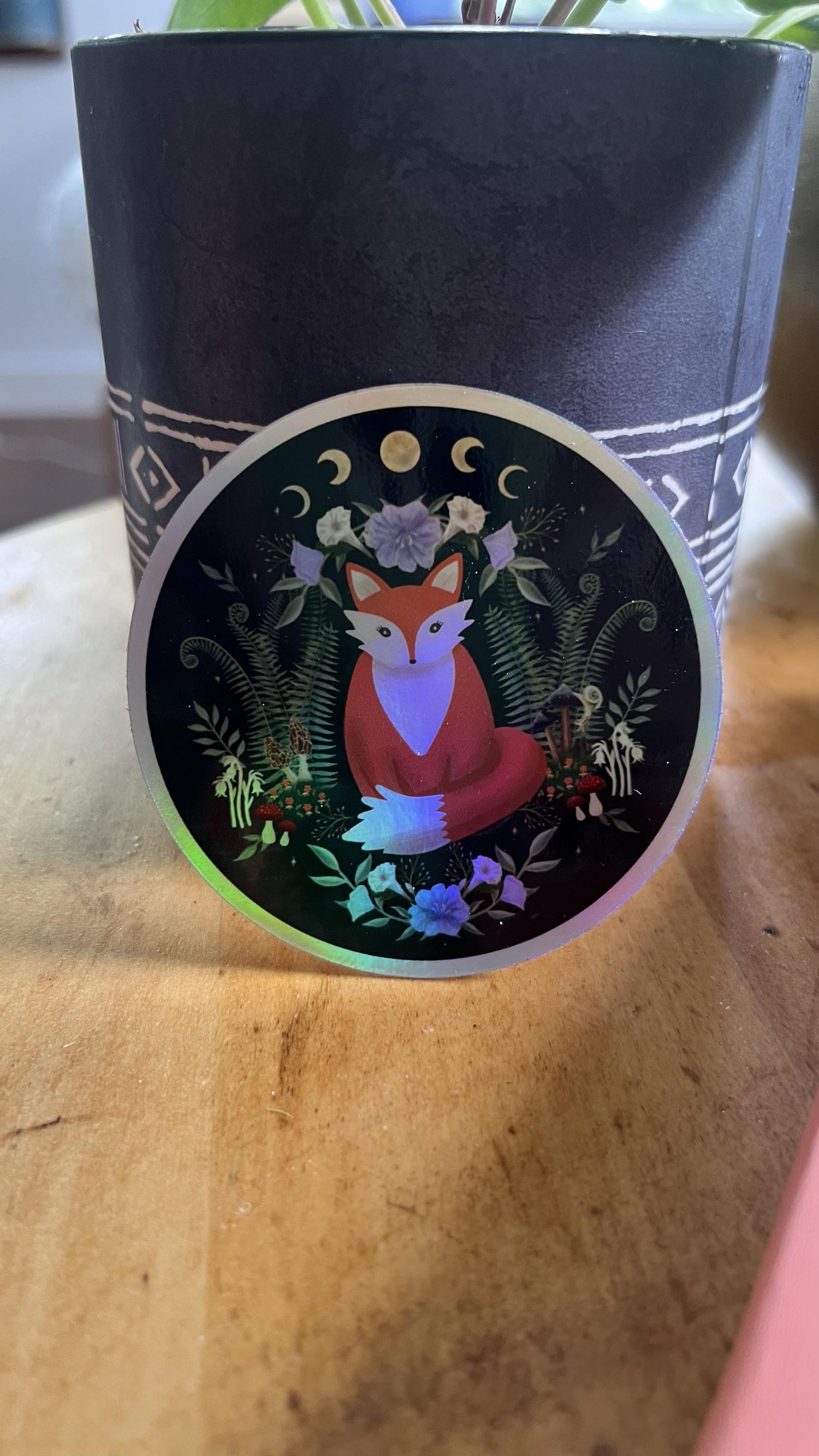 Woodland Fox Holographic Sticker | Moon Phases, Mystical Forest Art, Celestial Nature Lover