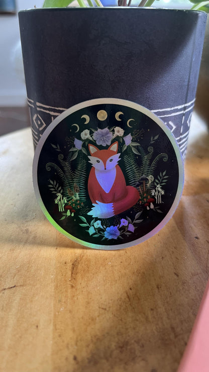 Woodland Fox Holographic Sticker | Moon Phases, Mystical Forest Art, Celestial Nature Lover