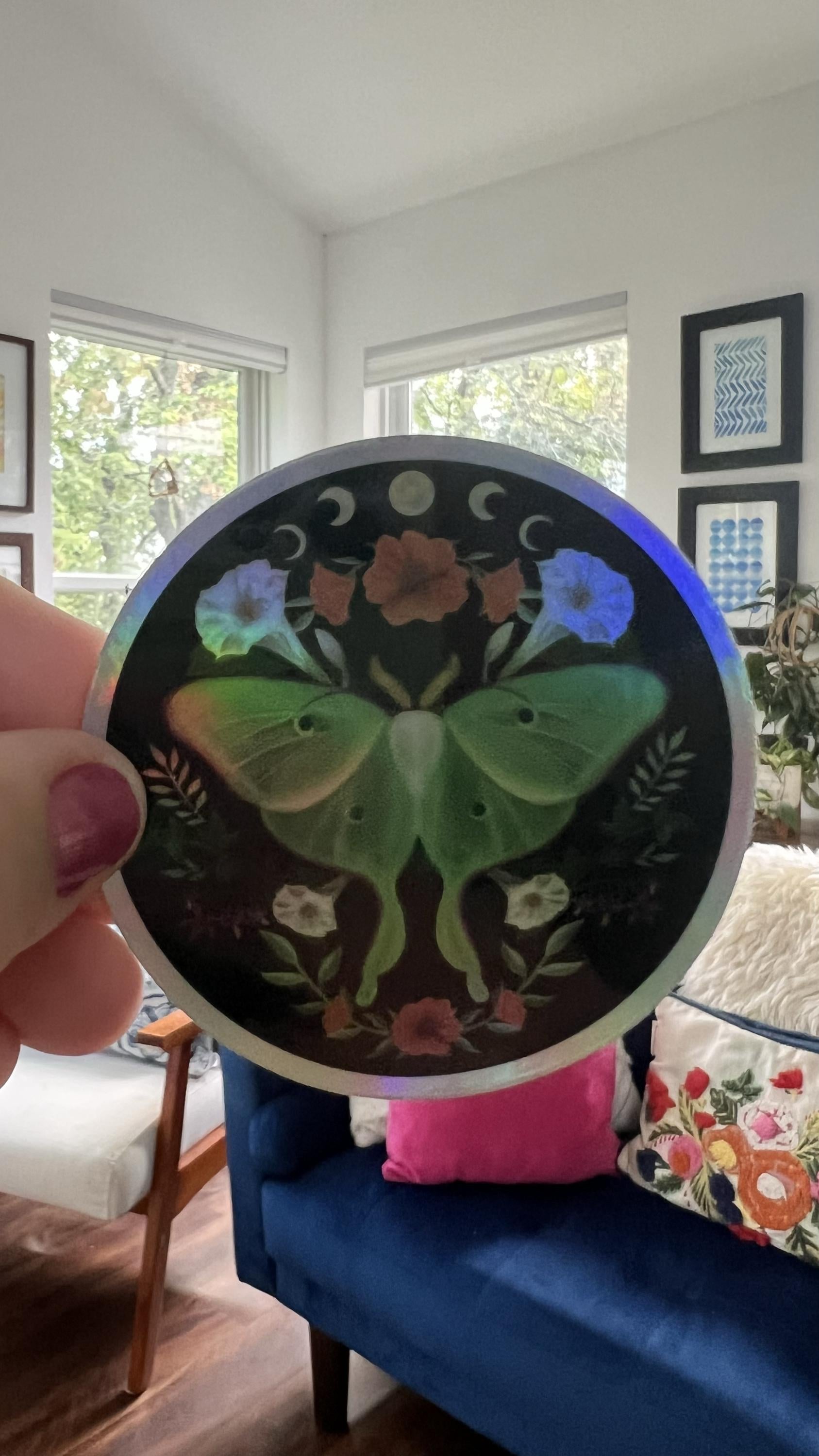 Holographic Luna Moth Sticker | Moon Phase Celestial Vinyl Decal (3 Inch)