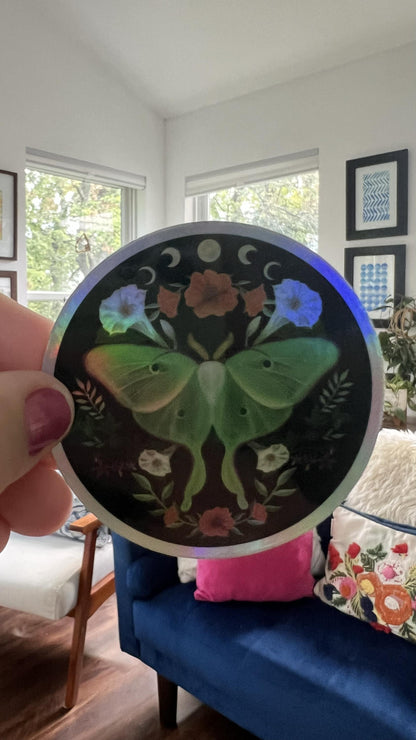 Holographic Luna Moth Sticker | Moon Phase Celestial Vinyl Decal (3 Inch)