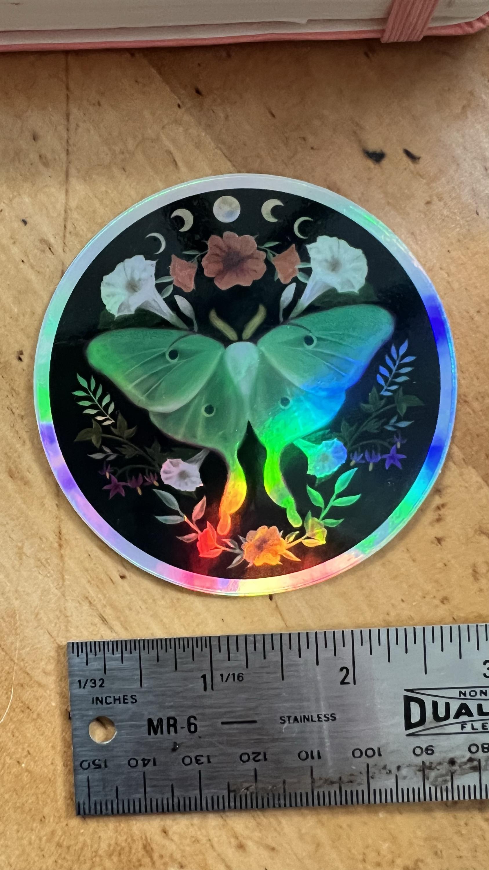 Holographic Luna Moth Sticker | Moon Phase Celestial Vinyl Decal (3 Inch)