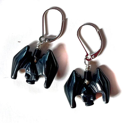 Bat Earrings of black stone - Halloween Jewelry, featuring unique carved hematite bat design for a spooky and stylish accessory.